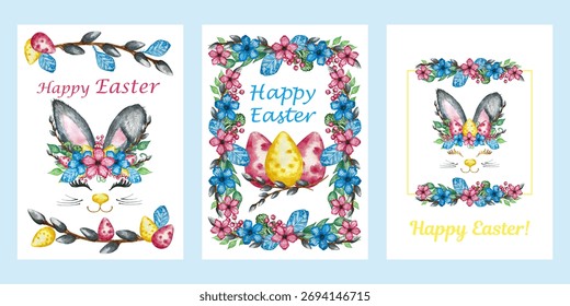 Greeting frame with decorated Easter eggs, flowers, plants. Watercolor Picture for poster, invitation, postcard or background.