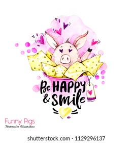 Greeting holidays illustration. Watercolor cartoon pig with lettering and confetti. Funny quote. Party symbol. Gift. Perfect for T-shirts, posters, invitations, cards, phone cases.