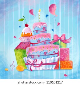 Greeting illustration depicting the cake, all sorts of sweets, bird drawing in bright colors - Powered by Shutterstock