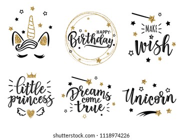 Greeting set with "Dreams come true" , "little princess", "Unicorn", "Make a wish", "Happy birthday" inscriptions. Can be used for cards, flyers, posters, t-shirts. - Powered by Shutterstock