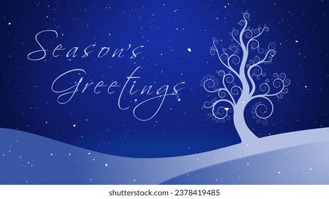 Season’s Greetings Winter White Tree features a white tree growing out of a winter landscape with sparkling stars in the background and snow falling with a Season’s Greetings message, Not A.I. - Powered by Shutterstock