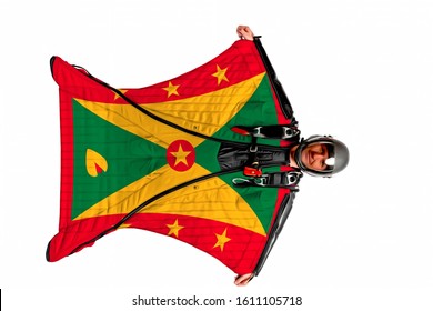 Grenada Airport. Bird Men In Wing Suit Flag. Sky Diving Men In Parashute. Patriotism, Men And Flag Grenada.
