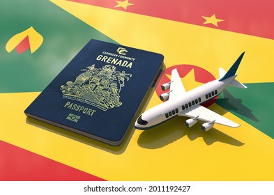 Grenada Passport And An Airplane On Flag 3D Illustration - Grenadian