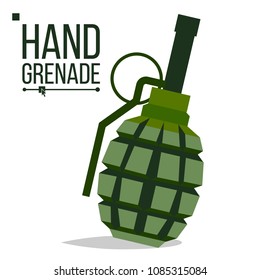 Grenade. Big Bang. Green Classic Hand Grenade Bomb. Army Object. Battle Explosion. Artillery Military Design Element. Flat Isolated Illustration