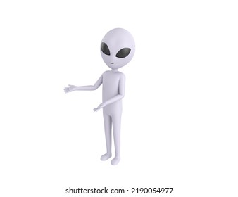 Grey Alien Character Doing Welcome Gesture In 3d Rendering.