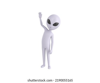 Grey Alien Character Raising Right Hand In 3d Rendering.