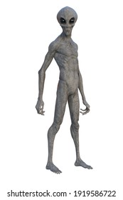Grey Alien standing upright. 3D render isolated on white.