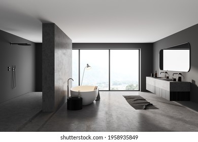 Grey Bathroom Interior With White Tub And Two Sinks With Mirror, Concrete Floor, Minimalist Shower And Towel. Modern Interior And Window With Countryside, 3D Rendering No People