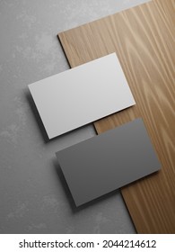 Grey Business Card. Realistic Vector Illustration. Business Cards Mockup On Grunge And Wooden Background. Personal Visiting Card. White And Grey Colors. Top View. 3d Render. 3d Illustration