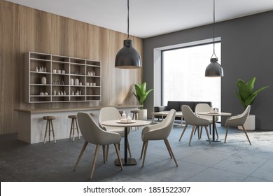 Grey Cafe Interior, Chairs With White Tables, Wooden Wall With Lamps And Bar Counter. Illustration Of Cafe With Big Window, Dining Room 3D Rendering, No People