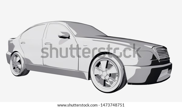Grey car comic book 3D illustration isolated\
on white background
