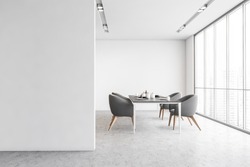 Grey Chairs In Dining Room, Mockup Copy Space White Wall. Large Dining Room Near Big Window With City View, Marble Floor 3D Rendering, No People