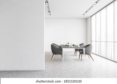 Grey Chairs In Dining Room, Mockup Copy Space White Wall. Large Dining Room Near Big Window With City View, Marble Floor 3D Rendering, No People