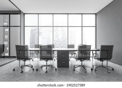 Grey Conference Room With Black Armchairs, Black Table And Window With City View. Meeting Room With Furniture On Marble Floor, 3D Rendering No People