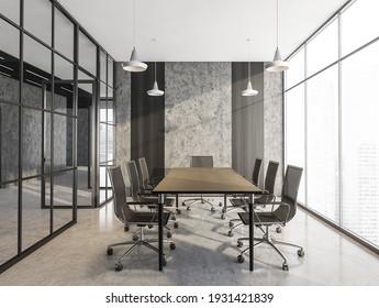 Grey Conference Room With Black Armchairs And Wooden Table. Office Minimalist Furniture, Near Window In Business Office, 3D Rendering No People
