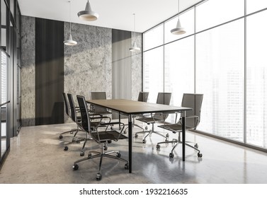 Grey Conference Room With Black Armchairs And Wooden Table. Office Minimalist Furniture, Near Window In Business Office, Side View, 3D Rendering No People