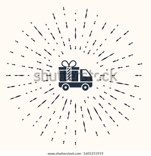 Grey Delivery truck with
gift icon isolated on beige background. Abstract circle random
dots. 