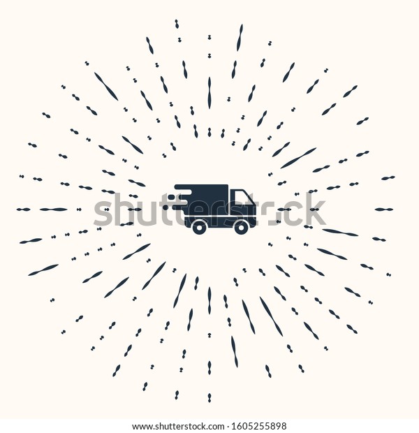 Grey Delivery truck in movement icon isolated on beige\
background. Fast shipping delivery truck. Abstract circle random\
dots. 