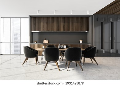 Grey Dining Room With City View On Skyscrapers. Dining Table With Dishes And Six Chairs. Kitchen Set With Shelf, 3D Rendering No People