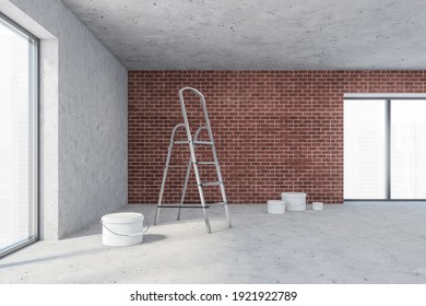 Grey Empty Hall For Repairs With Bucket Of Wall Paint On The Floor And Stairs, Side View. Red Brick And Concrete Walls In Large Room With Window, 3D Rendering No People