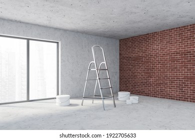 Grey Empty Hall For Repairs With Bucket Of Wall Paint On The Floor And Stairs, Side View. Red Brick And Concrete Walls In Large Room With Window, 3D Rendering No People