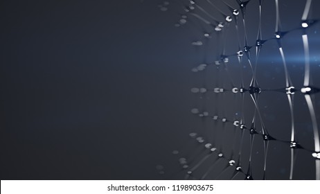 Grey Glass Network Structure On The Edge In Empty Space. Plexus Mesh With Transparent Lines And Glowing Nodes Spheres. Futuristic Technology Shape. 3D Render Illustartion
