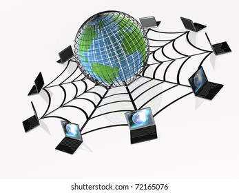 Grey Globe, Laptops And Cobweb On White Background.