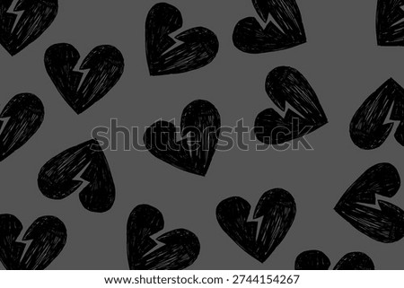 Grey Goth Background with Hand Drawn Broken Hearts, Emo Heartbreak Pattern and Dark Grunge Aesthetic