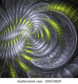 Grey ice and green light. Abstract figures on black background. Computer-generated fractal in green, yellow, grey and white colors.