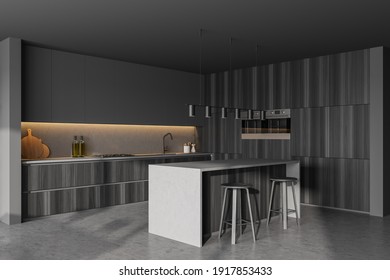 Grey Kitchen Room With Dining Table And Bar Chairs, Marble Floor, Side View. Kitchen Open Space Room With Bookshelf, Wooden Black Furniture, 3D Rendering No People