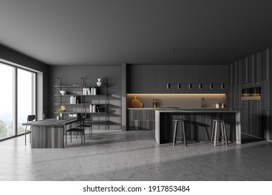 Grey Kitchen Room With Dining Table And Chairs, Marble Floor. Kitchen Open Space Room With Bookshelf And Window, Wooden Black Furniture, 3D Rendering No People