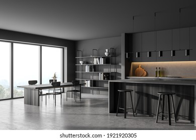 Grey Kitchen Room With Dining Table And Chairs, Marble Floor, Side View. Kitchen Open Space Room With Bookshelf And Window, Wooden Black Furniture, 3D Rendering No People