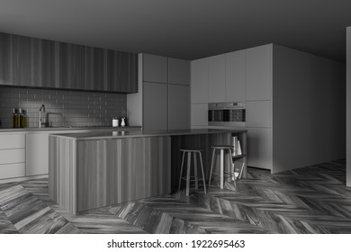 Grey kitchen room with dining table and bar chairs, parquet floor, side view. Kitchen minimalist room, wooden grey furniture, 3D rendering no people