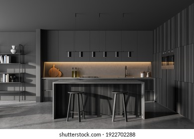 Grey Kitchen Room With Dining Table And Bar Chairs, Marble Floor. Kitchen Open Space Room With Bookshelf, Wooden Black Furniture, 3D Rendering No People