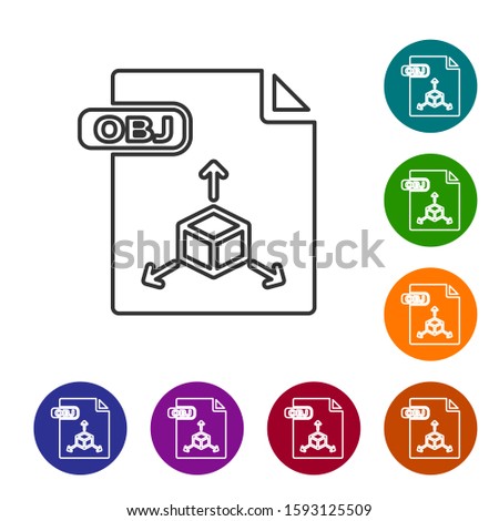 Grey line OBJ file document. Download obj button icon isolated on white background. OBJ file symbol. Set icons in color circle buttons. 