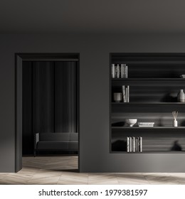 Grey Living Room Interior With Seat And Bookshelf Rack With Books And Vases. Minimalist Art, Library Room On Parquet Floor, 3D Rendering No People