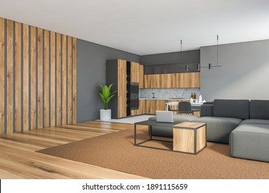 Grey Living Room With Grey Sofa And Wooden Coffee Table, Eating Table And Chairs, Side View. Wooden Kitchen Set With Shelves On Background, 3D Rendering No People