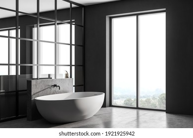 Grey Living Room With White Bathtub On Marble Floor, Side View, Behind Living Room With Bed. Bedroom With Bathroom, Modern Open Space Studio With Window 3D Rendering, No People