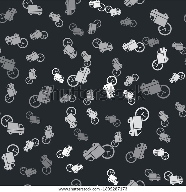 Grey Logistics\
delivery truck and clock icon isolated seamless pattern on black\
background. Delivery time icon. \
