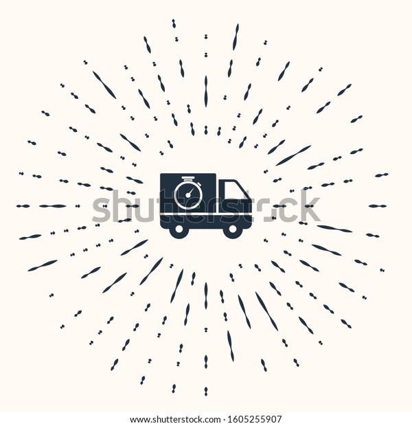 Grey Logistics delivery truck and stopwatch icon\
isolated on beige background. Delivery time icon. Abstract circle\
random dots. 
