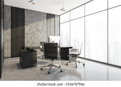 Grey Manage Room With Black Armchairs And Table With Computer, Side View. Office Minimalist Furniture, Near Window In Business Office, 3D Rendering No People