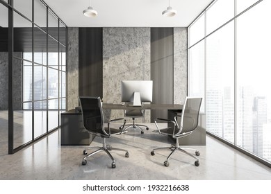 Grey Manage Room With Black Armchairs And Table With Computer. Office Minimalist Furniture, Near Window In Business Office, 3D Rendering No People