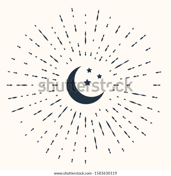 Grey Moon and stars icon isolated on beige\
background. Abstract circle random dots.\

