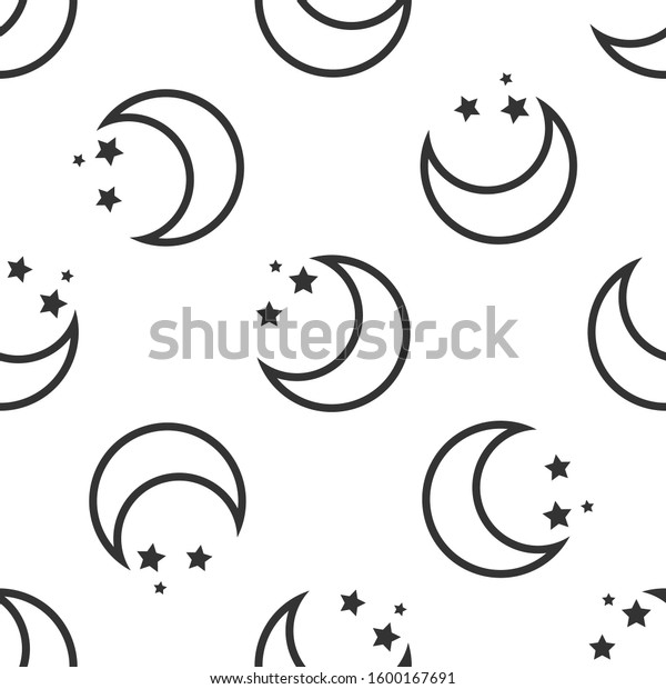 Grey Moon and stars icon isolated seamless pattern on
white background.  