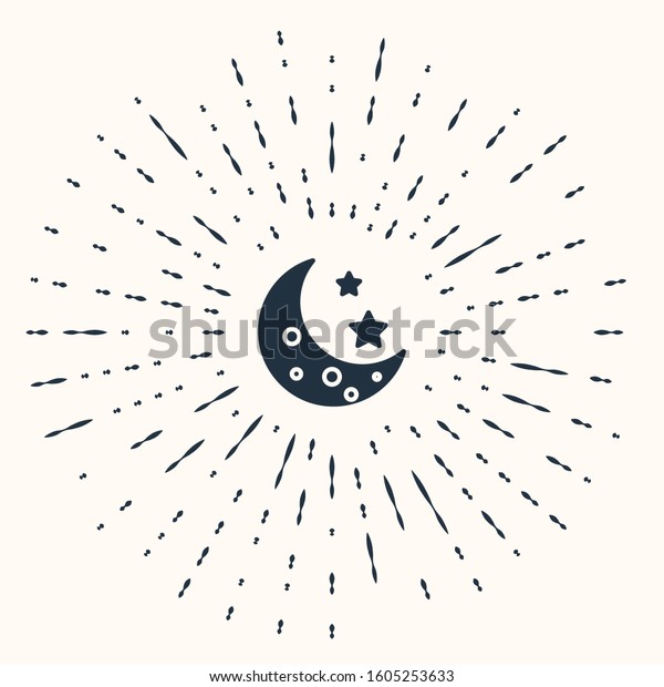 Grey Moon and stars icon isolated on beige\
background. Abstract circle random dots.\
