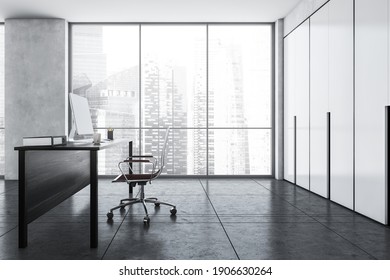 Grey Office Cabinet With Black Table And Computer On Marble Floor, Side View. Private Office Room With Furniture On Tiled Grey Floor, 3D Rendering No People