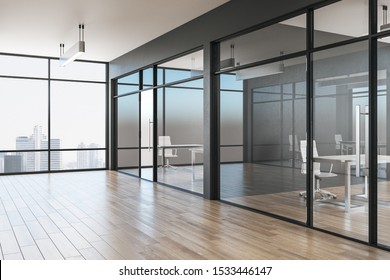 Grey Office Interior With Glass, Wooden Floor, Furniture, City View And Daylight. 3D Rendering 