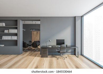 Graues Büro, Sekretärin und Sitzungszimmer mit großem Fenster. Minimalistische stilvolle Inneneinrichtung mit Stühlen und Computer auf dem Tisch, keine Menschen, 3D-Darstellung