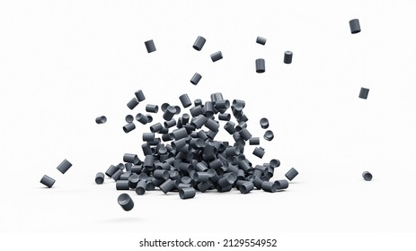 Grey Plastic pellets Falling on white Background Plastic granules Polymer Black plastic beads resin polymer pallet petrochemical 3d illustration 