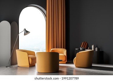 Grey room interior with four orange seats on concrete floor. Relaxing room with minimalist furniture. Windows with curtains and countryside view. 3D rendering
